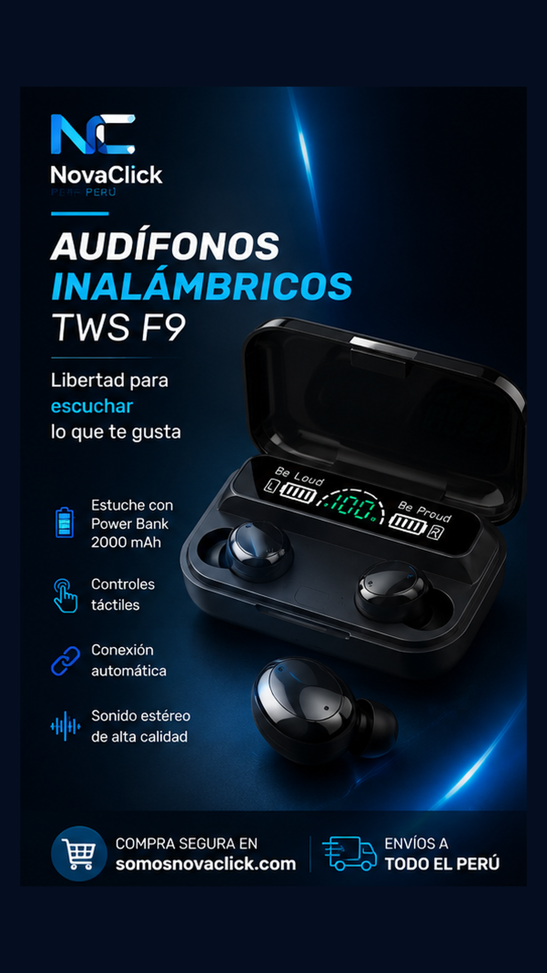 Audífonos Inalámbricos F9 TWS Bluetooth con Power Bank 2000 mAh