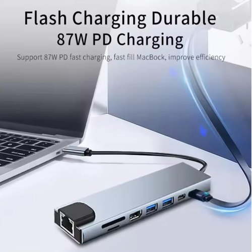 Adaptador Hub USB-C 8 en 1 | HDMI 4K, USB 3.0, PD 100W, SD/TF para Laptop y MacBook